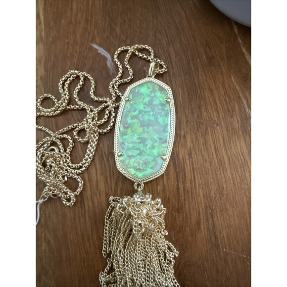 Kendra Scott Rayne Tassel Long Necklace 30” Gold Plated Iridescent Mint - Picture 2 of 6